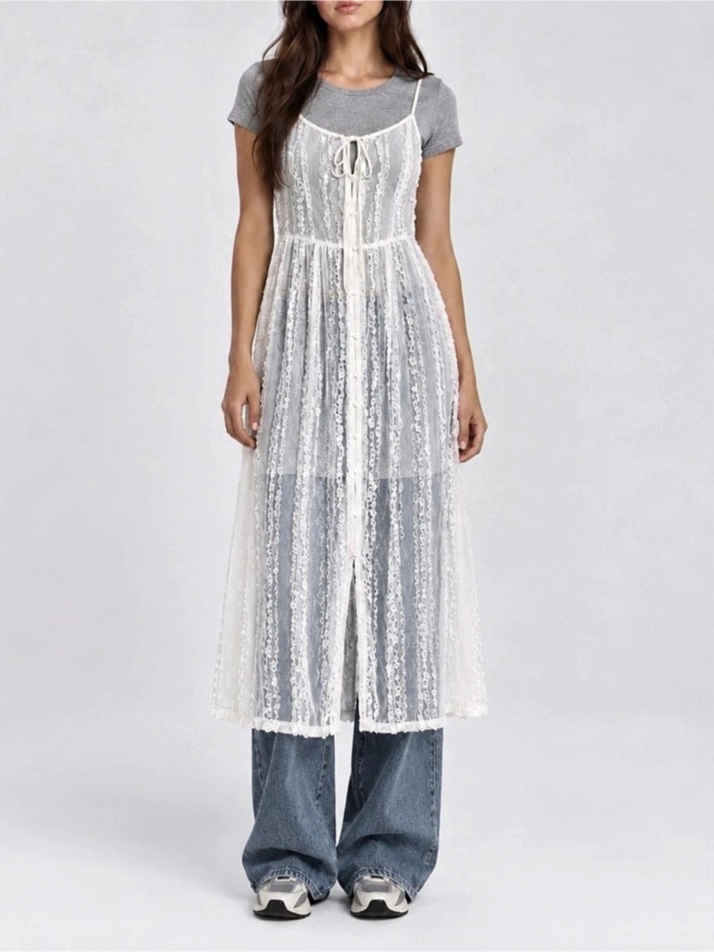 White Striped Lace Maxi Dress Like New